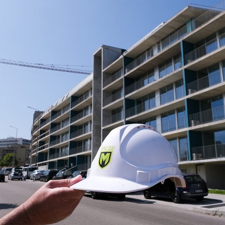 Capacete MC22 em frente a obra de construção